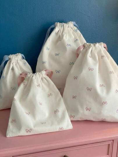 Joivida Sweet Bow Print Drawstring Pouch - Cute Portable Storage Bag For Travel, Student Supplies, Digital Accessories & Toiletries