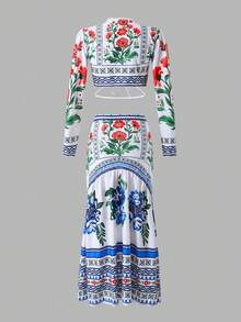 Swim Chiccia 2026 New Women's Summer Beach Vacation Elegant Long Sleeve T-Shirt With Drawstring Ruched Floral Print Skirt Loose Coverup 2-Piece Set - Multicolor - View 11