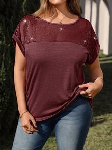 EMERY ROSE Camiseta casual de manga corta de murciélago con cuello redondo y parches de lentejuelas para mujer de talla grande, primavera/verano - Color caoba - Ver 3