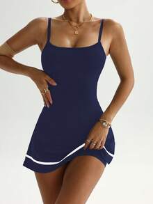 Easithlete Adjustable Strap Contrast Stripe Hem Tankini Set With Shorts, Sporty & Casual Dress For Spring/Summer - Navy Blue - View 4