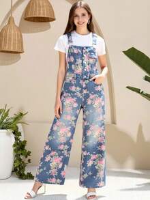 SHEIN 少女款印花蓝色牛仔宽松背带裤 - 中等水洗藍 - 查看 6
