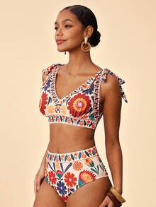 Travachic 女士印花扭结前襟性感比基尼泳衣套装，夏季沙滩 - 彩色 - 查看 3