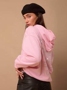 SURIMA 女士休闲简约粉色印花连帽长袖宽松加厚卫衣 - 粉色 - 查看 4