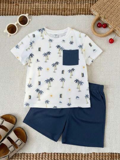 2pcs/Set Young Boy Coconut Tree Print Short Sleeve Pullover Top And Solid Color Shorts Set