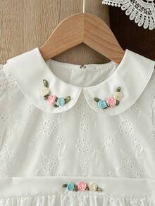 Elladie kids 1件女童幼兒夏季新款刺繡布料彼得潘領 3D花卉腰部拼接 3D花卉裝飾泡泡袖後拉鍊設計田園簡約休閒公主洋裝，白色洋裝，少女風，花卉野餐風，早午餐約會 - 白色 - 查看 7