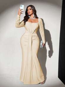 Viva Relle 大码女士纯色方领灯笼袖连衣裙，浪漫百搭，适合婚礼宾客、毕业典礼、舞会、节日、生日、教堂礼拜、夜间外出、派对等场合。 - 杏色 - 查看 1