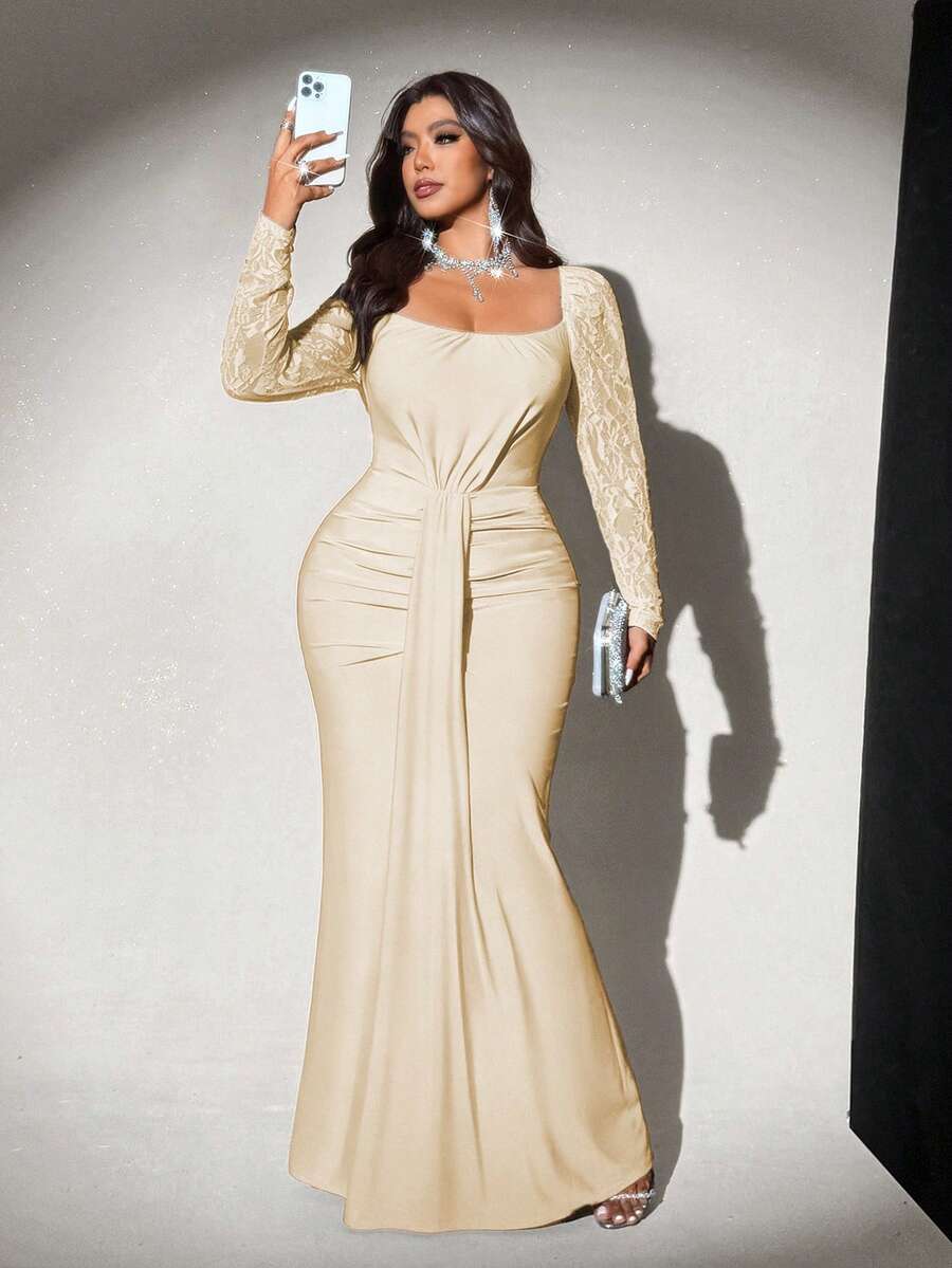 Viva Relle 大码女士纯色方领灯笼袖连衣裙，浪漫百搭，适合婚礼宾客、毕业典礼、舞会、节日、生日、教堂礼拜、夜间外出、派对等场合。 - 杏色 - 查看 1