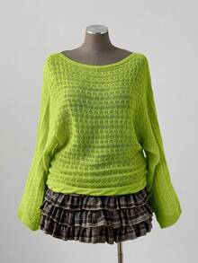 Sunspun Áo len dài tay dáng rộng, màu trơn, kiểu Bohemian/Y2K dành cho nữ, cỡ lớn, có họa tiết khoét lỗ, thích hợp cho kỳ nghỉ và mọi mùa. - màu xanh lá - Xem 6