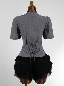 SaltGleam SaltGleam 修身格纹方领荷叶边单排扣黑色纽扣前襟假口袋后背蝴蝶结腰带优雅女士衬衫 - 灰色 - 查看 2