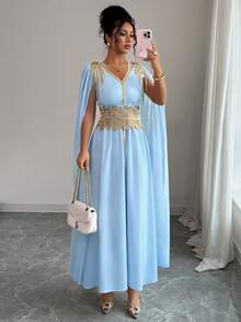 Elenzga Women's V-Neck Applique Shawl Collar Elegant Waist Cinched Long Party Dress - Baby Blue - View 1