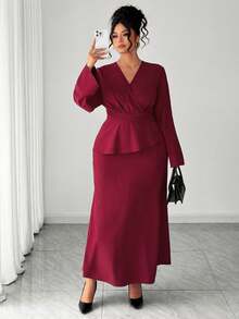 Elenzga Große Größen Damen Burgunderrotes Maxikleid, elegantes Wickelkragen Taille schmeichelndes Kleid für Party, Date, Abschluss, Urlaub, Valentinstag, Musikfestival, Muttertag, Halloween, Thanksgiving, Ostern, Nationalfeiertag, Abschlussball, Datenight, Hochzeitssaison, Outdoor-Ausflug - Bordeaux - Übersicht 8