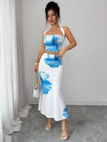 Elenzga Women's Floral Print Halter Neck Tie Camisole And Mini Skirt 2-Piece Set, Summer - Blue and White - View 5