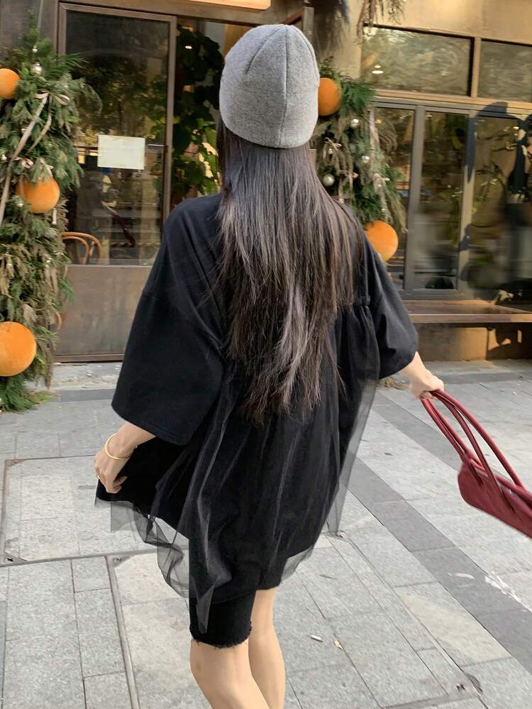 Women's Round Neck Printed 2 In 1 Korean Style Mesh Patchwork Short Sleeve T-Shirt Graphic Tees Women