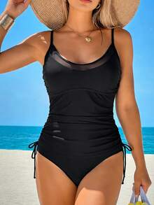 Swim Lushoire Women's Black Mesh Splice Drawstring Tie Tankini Top And Solid High Waist Bottoms 2-Piece Swimsuit, Suitable For Beach, Vacation, Casual Wear - Black - View 1