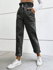 Flexra Quần jeans nữ thường ngày có túi và nút - Màu xám đen - Xem 6