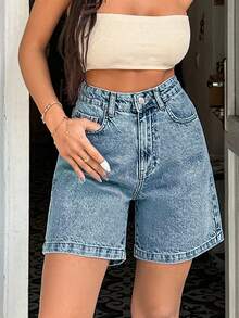 EURMUSE 100%纯棉硬挺中度水洗女式短款 - 藍色 - 查看 4