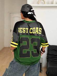 Coolane 夏季加大码嘉年华复古Y2K数字图案棒球衫，适合节日和外出穿着，黑/绿针织T恤 - 黑色 - 查看 4