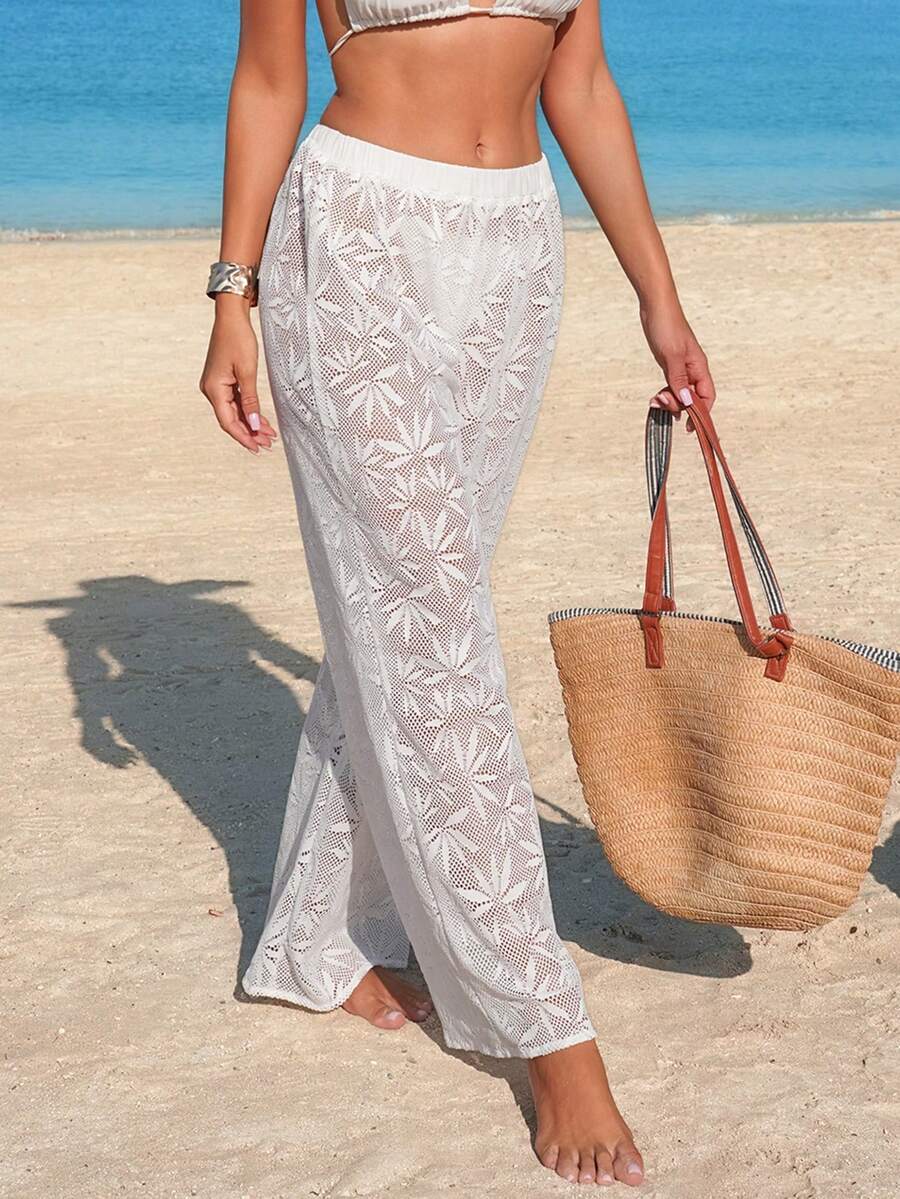 Swim Vcay Women's White Floral Lace Hollow Out Casual Beach Cover Up Pants - White - View 1