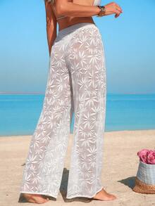 Swim Vcay Women's White Floral Lace Hollow Out Casual Beach Cover Up Pants - White - View 2