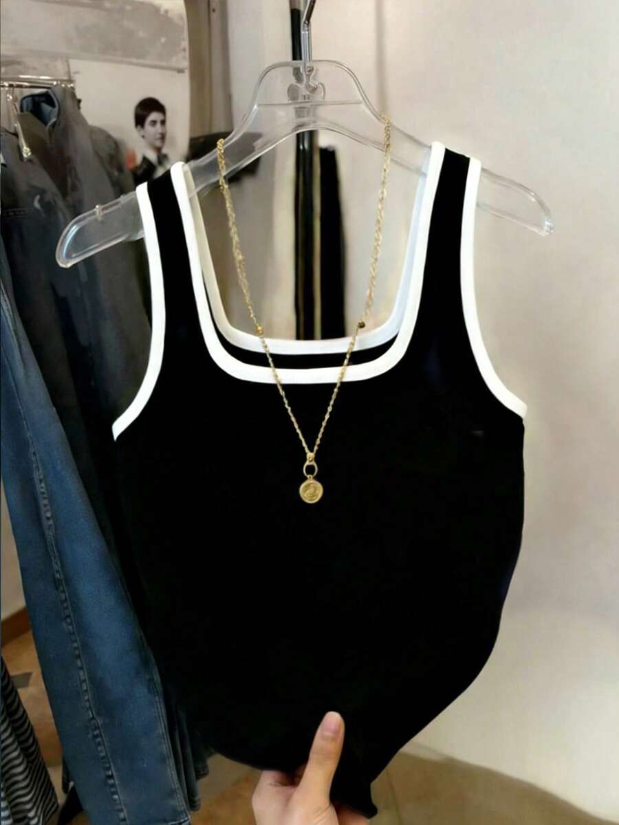 Resyla 畅销撞色圆领修身女式背心 - 黑與白 - 查看 1