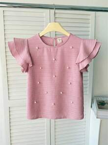 SHEIN Tween Girls' Spring/Summer Casual Beaded Elegant Ruffle Trim Woven Textured Round Neck Blouse, Pink - Pink - View 5