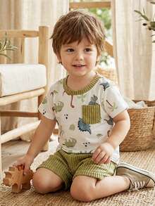 SHEIN Vintaside Kids 2pcs Baby/Baby Boy Ribbed Contrast Color Top And Blue Pants Set, All-Match Casual Comfortable Versatile Outfit For Summer Occasions - Army Green - View 5