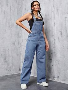 SHEIN PETITE 女式字母刺绣口袋阔腿宽松休闲牛仔连体裤 - 藍色 - 查看 7