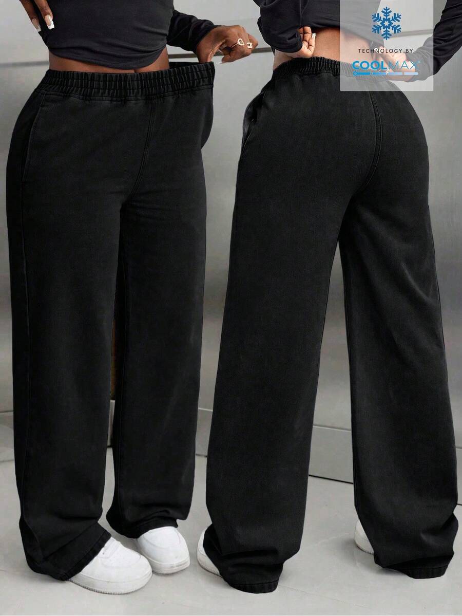 SHEIN Tall Casual Elastic Waist Straight Leg Washed Denim Jeans - Black - View 1