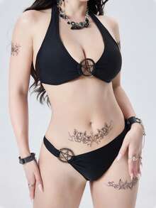 ROMWE Gothic Style Sexy Fashion Versatile Solid Color Five-Pointed Star Metal Chest Decor Lace-Up Halter Backless Swimwear Top Paired With Asymmetric Metal Decor High-Cut Swimwear Bottom Bikini Two Pieces Set, Fitted, Suitable For Festivals, Parties, Holidays, Spring Break Goth Bikini Gothic Swimwear Goth Swim Suit Sets Pentagram Bikini, Curve Swim Suit Sets,Dark-Themed Music Festival / Themed Party,New Year's Eve / Dark-Themed New Year's Party,Goth Beachwear,Pentagram Hardware Bikini, Goth Swimsuit - Black - View 7
