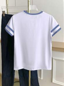 Resyla Camiseta casual de mujer de manga corta con cuello redondo y estampado de corazón en bloques de color - Blanco - Ver 2