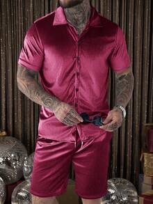 Manfinity AFTRDRK Men Velvet Shirt & Drawstring Waist Shorts Gold Shirt Menmen's Two Pieces Set - Red - View 6