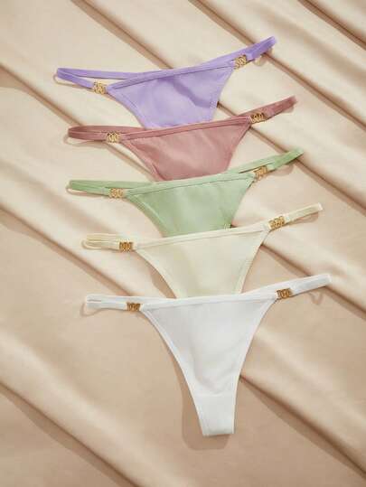 Charlaine 5pcs/Pack Women's Solid Color Metal Ring Waist Low-Rise Thong Panties