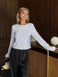 Livesso 圆领系带蝴蝶结亮片装饰女式衬衫 - 銀色 - 查看 6