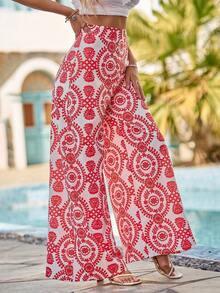 Breezaya Women's Fashionable Casual Printed Wide Leg Pants - Red - View 6