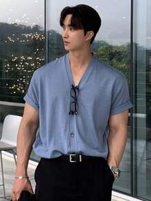 DAZY 男士纯蓝色短袖针织衫，夏季 - 藍色 - 查看 3