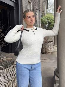 Bethéva 女式修身马球领套头毛衣，学院风 - 白色 - 查看 5