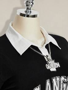 SHEIN ICON 大码女式 Polo 领黑白撞色迷你连衣裙 - 黑色 - 查看 9
