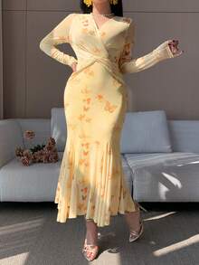 DAZY 女士优雅花卉蝴蝶结V领扭结鱼尾中长连衣裙，春夏婚礼宾客礼服 - 淡黃色 - 查看 6