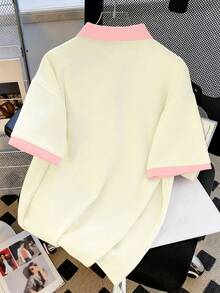 Resyla Women's Casual Contrast Trim Bow Print Collared Short Sleeve Top, Summer - Light Yellow - View 2