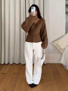 Siren Gaze Women's Solid Color Button-Up Fitted Waist Knit Cardigan, Casual Everyday Wear, Autumn/Winter - Coffee Brown - View 5