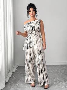 Elenzga Plus Size Women's Elegant Twist Shoulder Asymmetrical Hem Waist Fitted 2 Pieces Set, Suitable For Work, Spring/Summer - Apricot - View 1