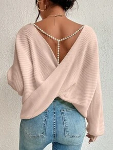 EURMUSE Women's Solid Color Boat Neck Loose Casual Sweater With Crossed Back Design, Long Sleeve - Coral Pink - View 2