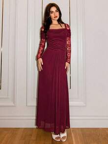 Modelyn Wine Red Mesh Lace Ruffle French Elegant Long Dress For Outing And Date - Burgundy - View 4