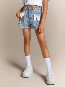 Radiana Tween Girl Elegant Light Washed Distressed Bowknot Denim Jeans Shorts With Pocket Insert, Faux Pearl, And Frayed Hem, For Spring And Summer Vacation Festival - Light Wash - View 3