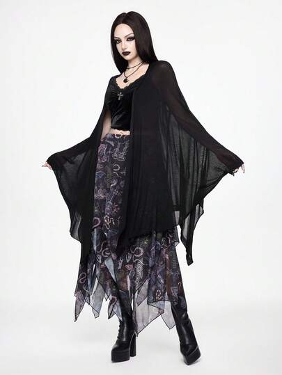 ROMWE Goth Vintage Dark Batwing Sleeve Asymmetrical Hem Sheer Knit Cardigan