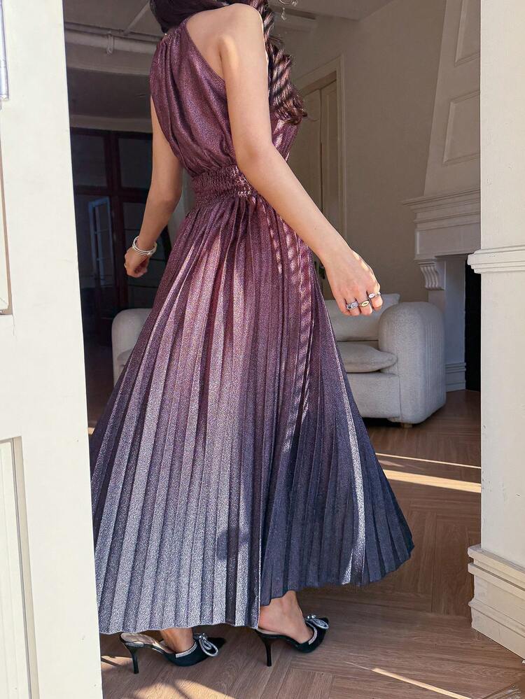 Women's Elegant Solid Color Halter Pleated Midi Dress, Summer Wedding Guest Dress Sundress