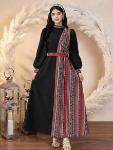 SHEIN Đầm dài tay dệt họa tiết chắp vá màu đen dành cho thiếu nữ, thích hợp mặc đi nghỉ mát. - màu đen - Xem 3