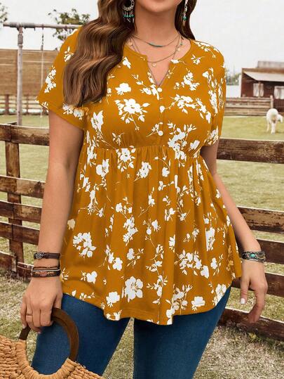 EMERY ROSE تي شيرت نسائي كبير الحجم بطبعة زهور وياقة على شكل حرف V وأكمام قصيرة، ملابس للعطلات النسائية، طراز بوهيمي للنساء