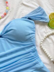 Soleia New Casual Vacation Western Beach Wedding Guest Attire Graduation Brunch Women's St. Patrick's Day Spring Break Easter Music Festival Elegant Bohemian Tropical Twist Front Strapless Blue Mesh Bodysuit - Baby Blue - View 3