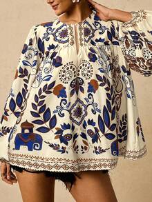 SHEIN CURVE+ Curve 加大码 US22 音乐节、海滨度假、波西米亚风 CURVE PLUS / 女士热带复古图案长袖圆领系带衬衫 8XL 女装 波西米亚风上衣 女装衬衫 - 彩色 - 查看 5